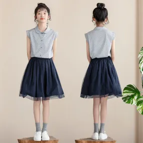 蓝白条上衣/ 半纱裙 Peter Pan Collar Blouse/ Tulle Overlay Skirt
