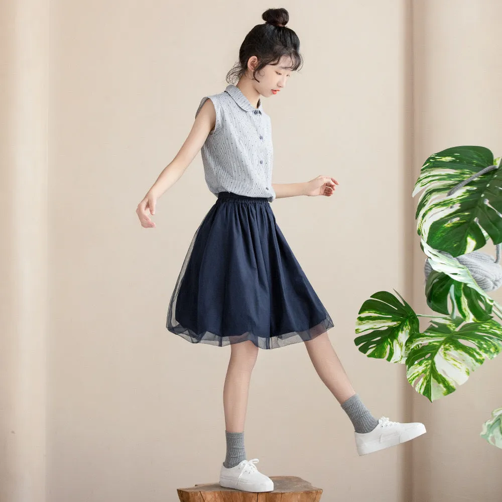 蓝白条上衣/ 半纱裙 Peter Pan Collar Blouse/ Tulle Overlay Skirt