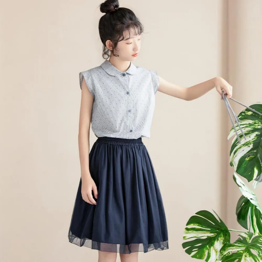 蓝白条上衣/ 半纱裙 Peter Pan Collar Blouse/ Tulle Overlay Skirt