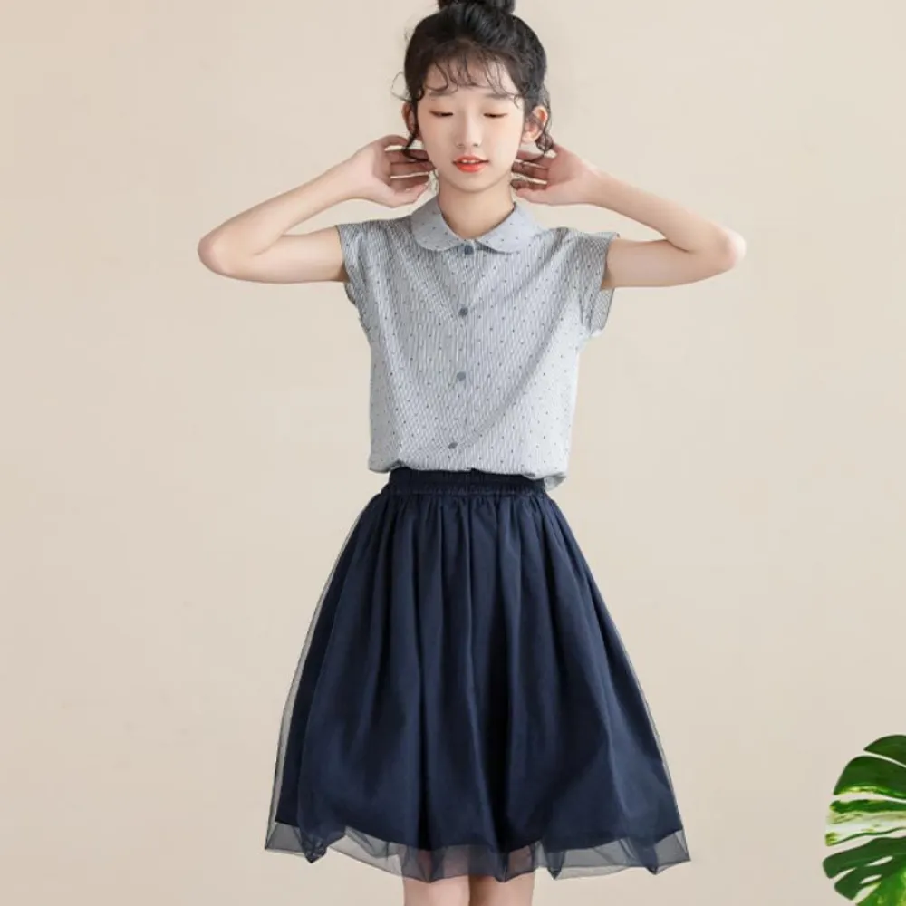蓝白条上衣/ 半纱裙 Peter Pan Collar Blouse/ Tulle Overlay Skirt