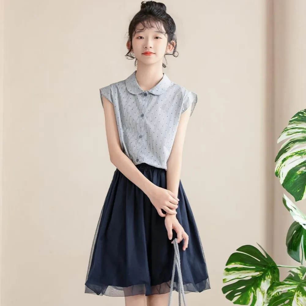 蓝白条上衣/ 半纱裙 Peter Pan Collar Blouse/ Tulle Overlay Skirt