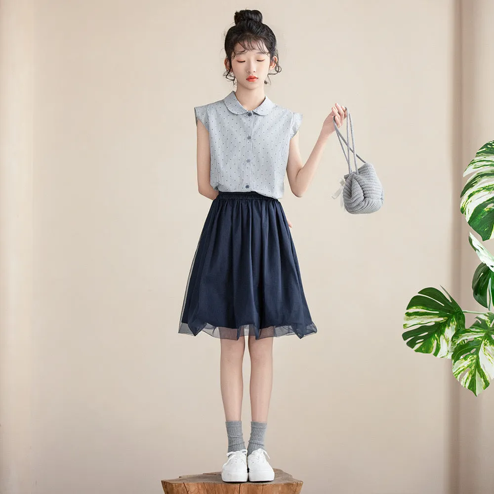 蓝白条上衣/ 半纱裙 Peter Pan Collar Blouse/ Tulle Overlay Skirt