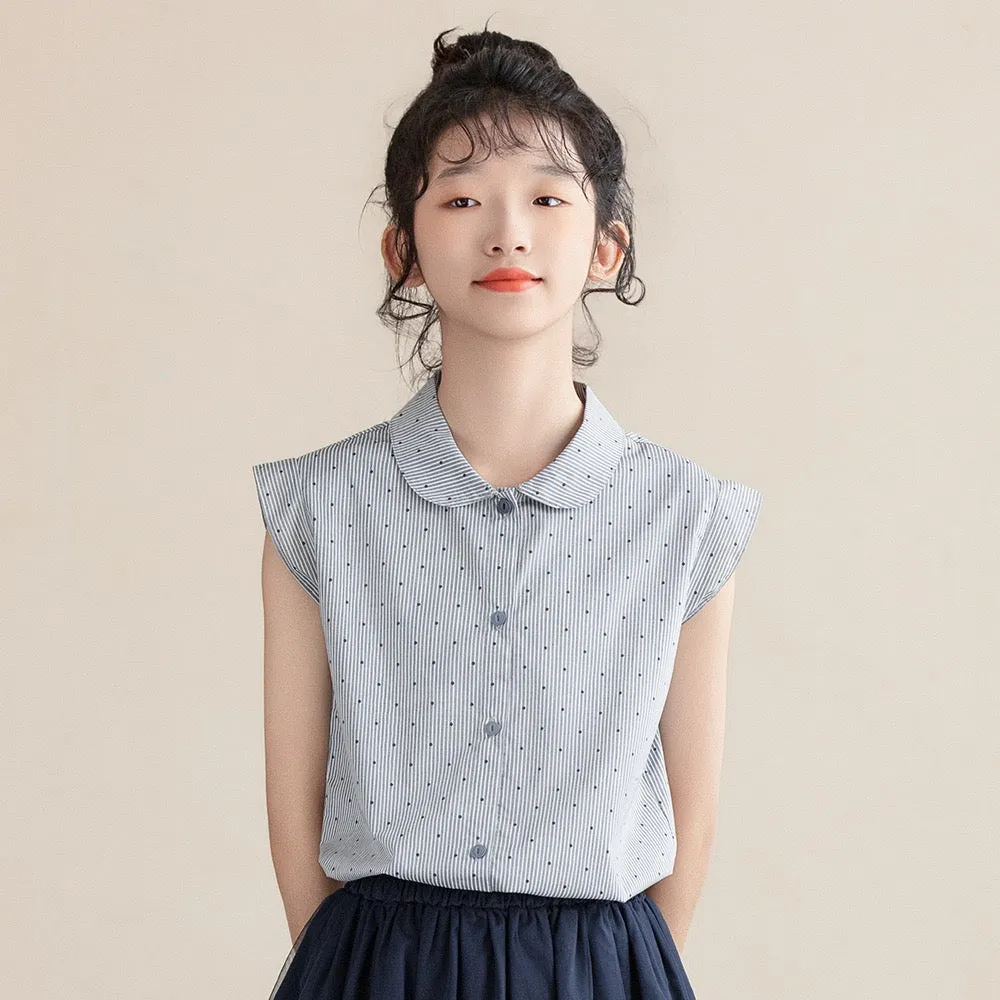 蓝白条上衣/ 半纱裙 Peter Pan Collar Blouse/ Tulle Overlay Skirt