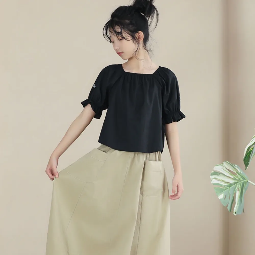 方领上衣/ 卡其灯笼半裙 Square Elegance Blouse/ Khaki Lantern Midi Skirt