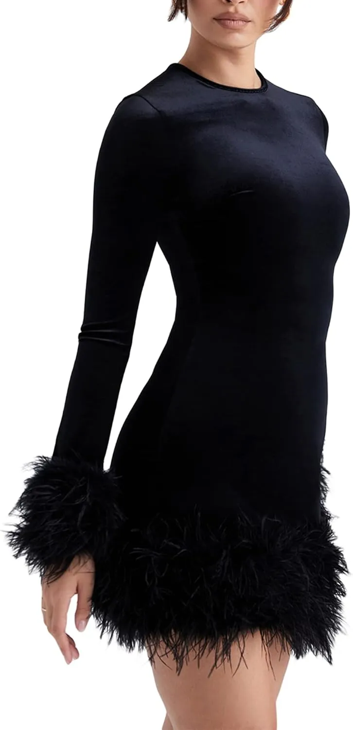 Aopwsrlyi Women Sexy Feather Dress Elegant Long Sleeve Crewneck Bodycon Mini Evening Club Dress