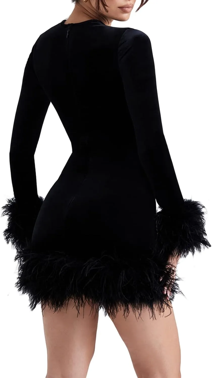Aopwsrlyi Women Sexy Feather Dress Elegant Long Sleeve Crewneck Bodycon Mini Evening Club Dress