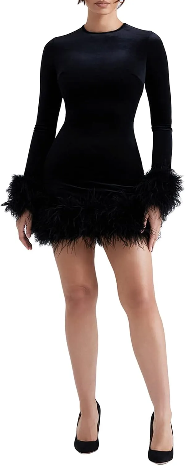 Aopwsrlyi Women Sexy Feather Dress Elegant Long Sleeve Crewneck Bodycon Mini Evening Club Dress