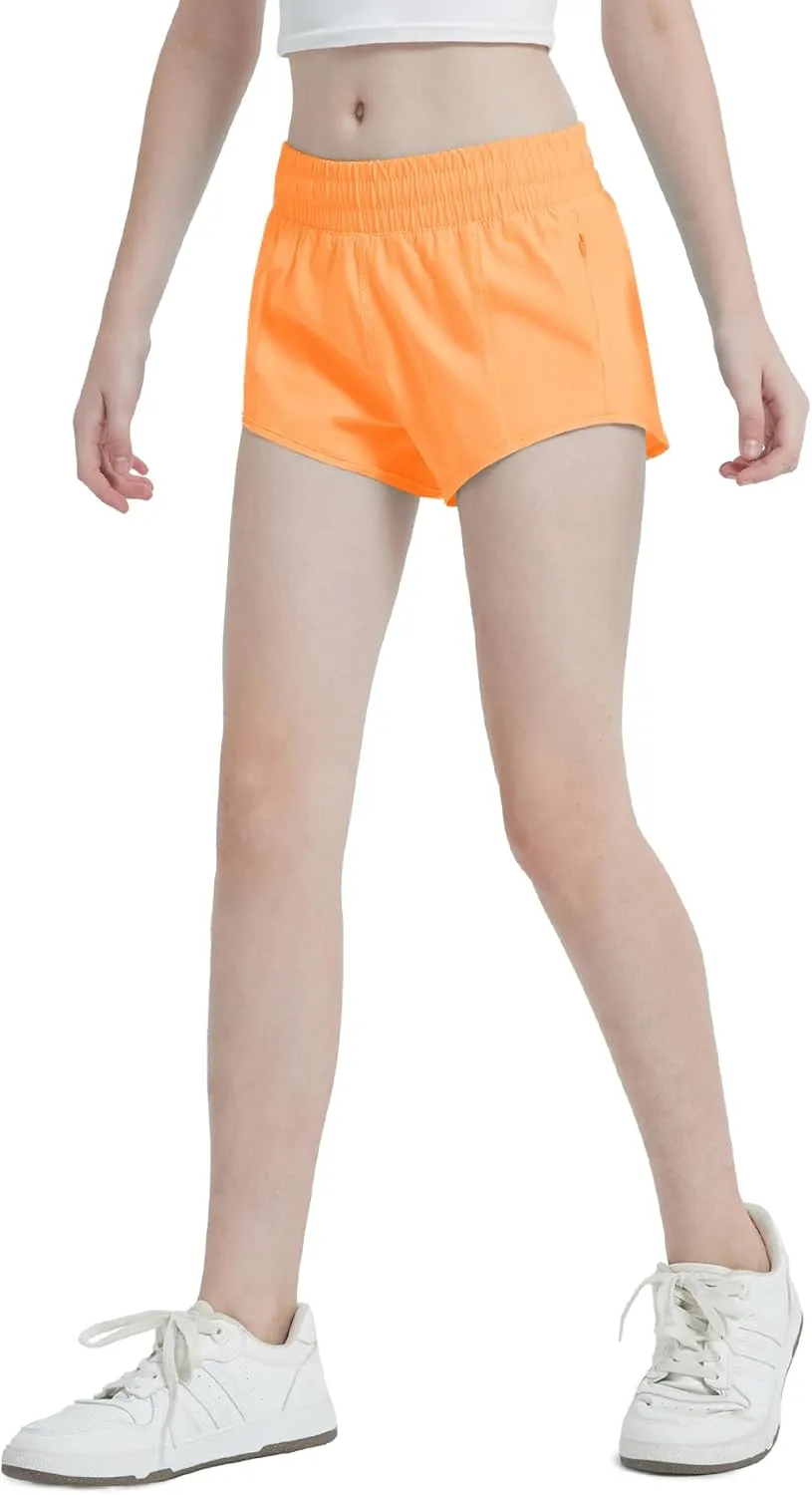 Aurefin Girls Lightweight Athletic Shorts, Quick Dry Running Shorts with Zip Pocket, Workout Sports Short for Teen Kids
