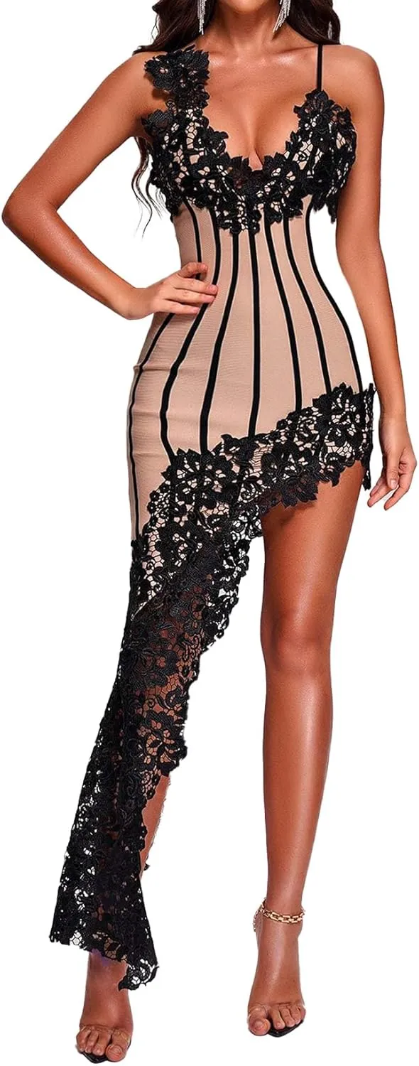 BELLA BARNETT Midi Lace Dress Sexy Bandage Dress Elegant Evening Dress Spaghetti Strap Bobycon Dress