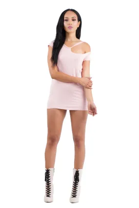 BLUSH PINK RIPPED CUT OUT NECKLINE BOYFRIEND TEE TUNIC