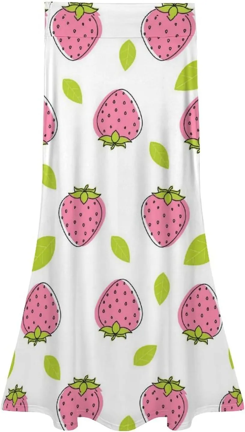 Breathable Pink Strawberry Thai Style Maxi Skirt High Waist Invisible Zip Ruffle Flowy Summer Skirts