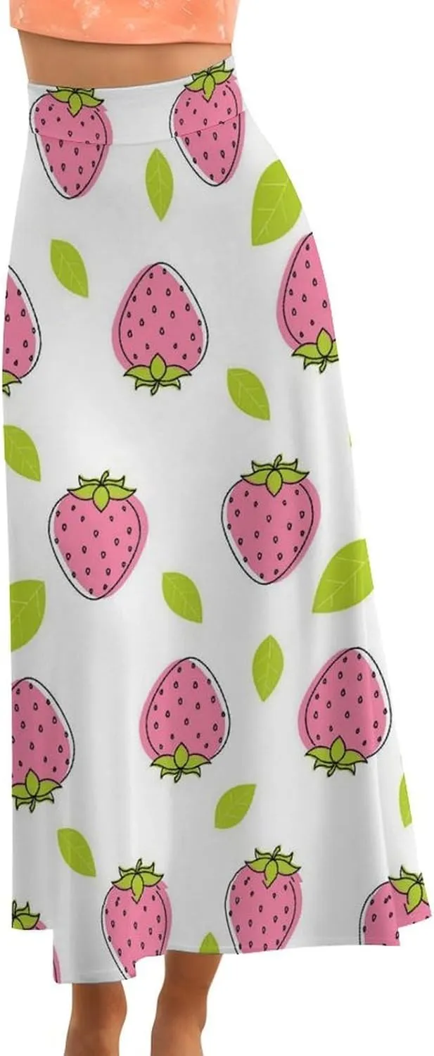 Breathable Pink Strawberry Thai Style Maxi Skirt High Waist Invisible Zip Ruffle Flowy Summer Skirts