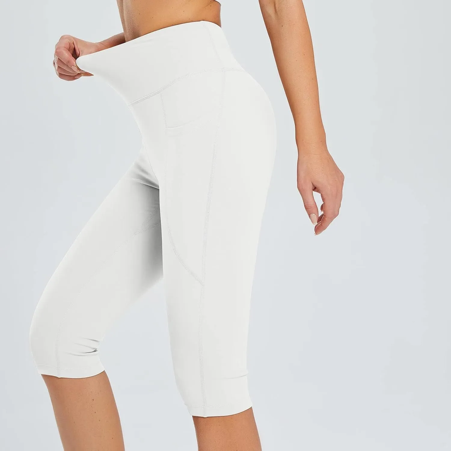 Capri Pants for Women Summer Solid Leggings with Pocket Knee Length High Waisted Stretch Tummy Control Yoga Pants