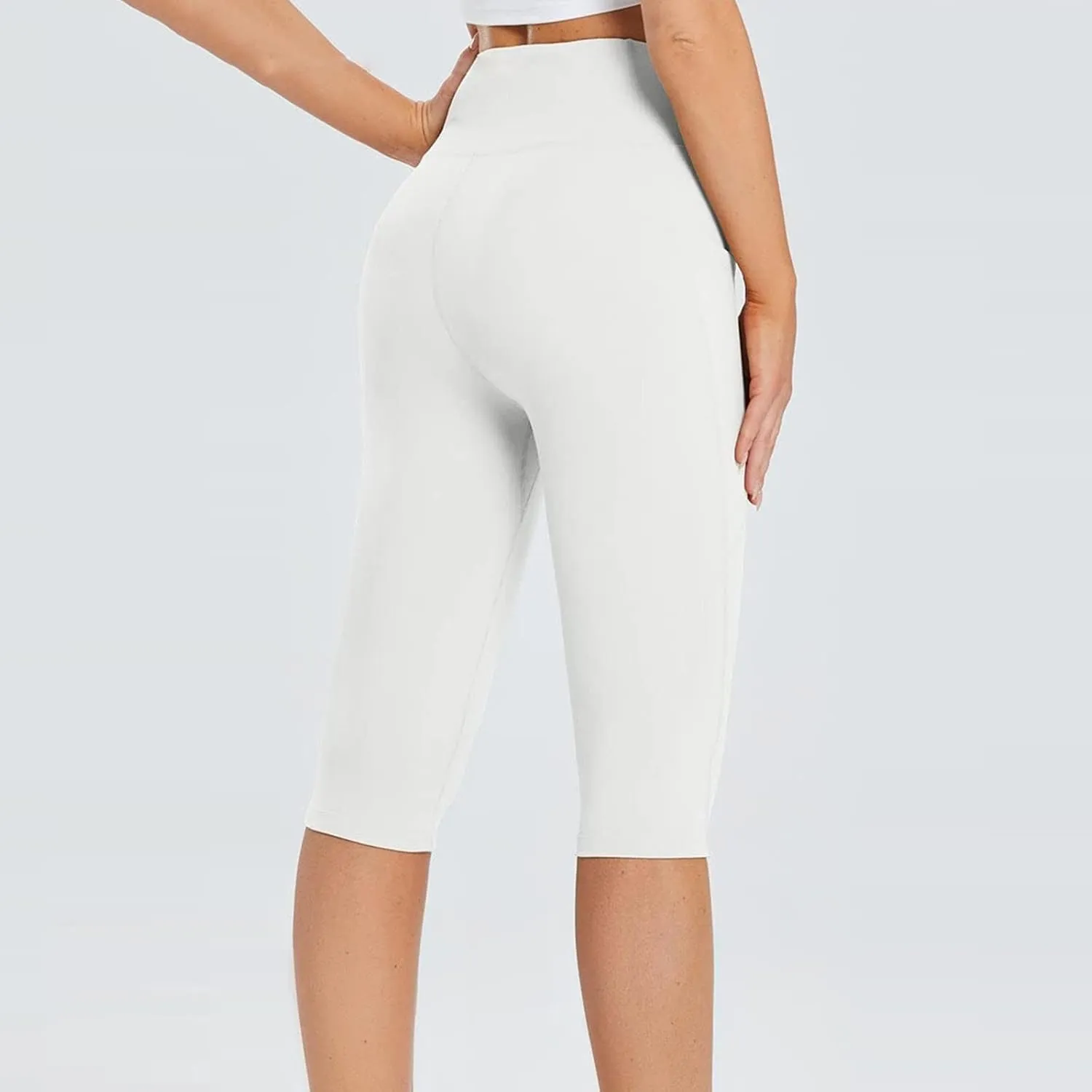 Capri Pants for Women Summer Solid Leggings with Pocket Knee Length High Waisted Stretch Tummy Control Yoga Pants