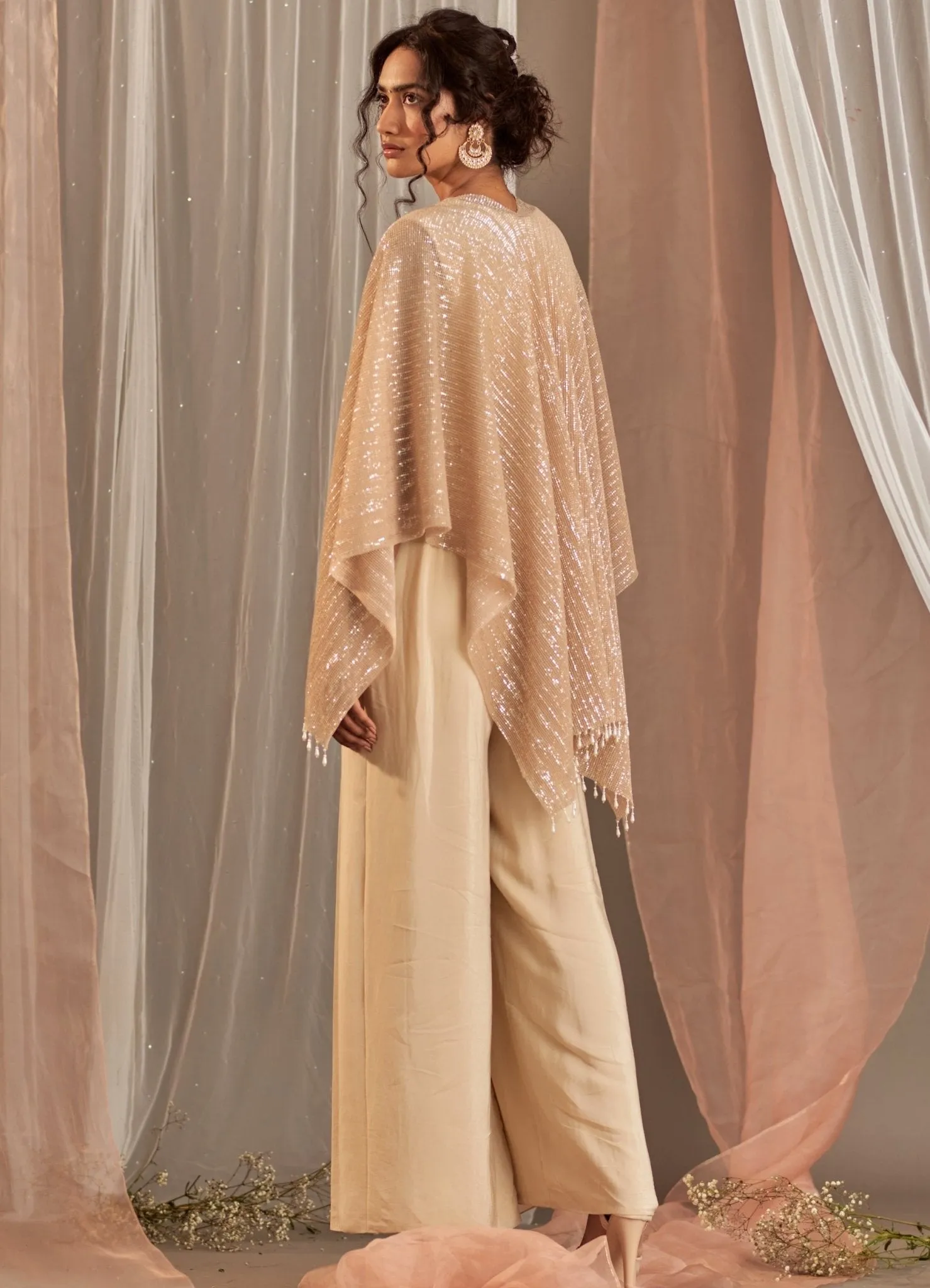 Champagne Crepe Jumpsuit With Cape And Belt