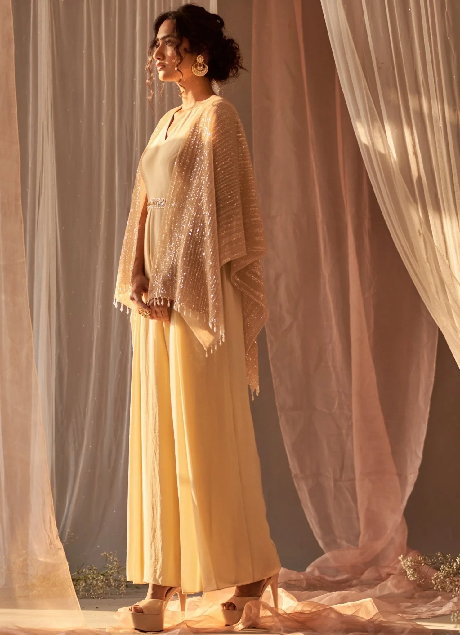 Champagne Crepe Jumpsuit With Cape And Belt