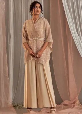Champagne Crepe Jumpsuit With Cape And Belt