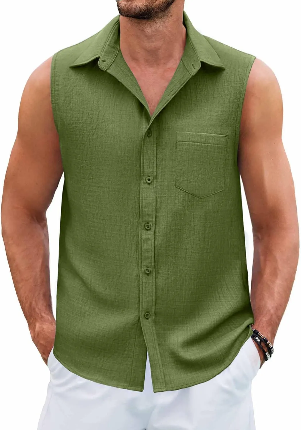 COOFANDY Men's Sleeveless Beach Shirts Summer Button Up Tank Tops Casual Textured Tank Shirt