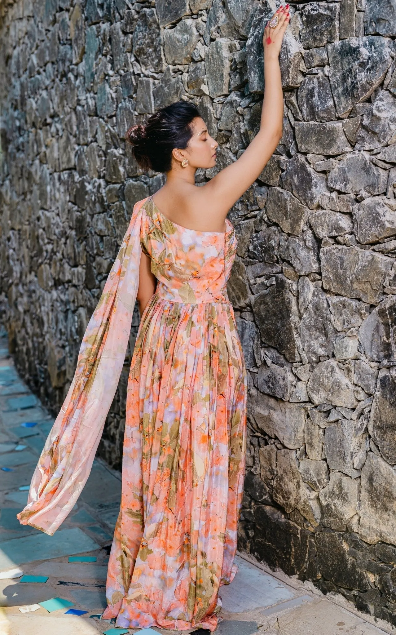 Coral Peach Floral Printed And Pleated Crepe Jumpsuit