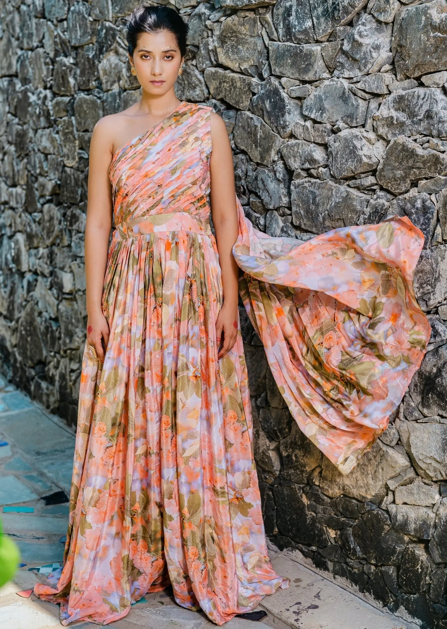 Coral Peach Floral Printed And Pleated Crepe Jumpsuit