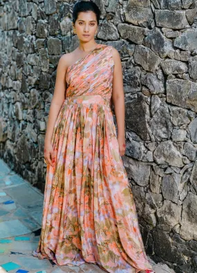Coral Peach Floral Printed And Pleated Crepe Jumpsuit