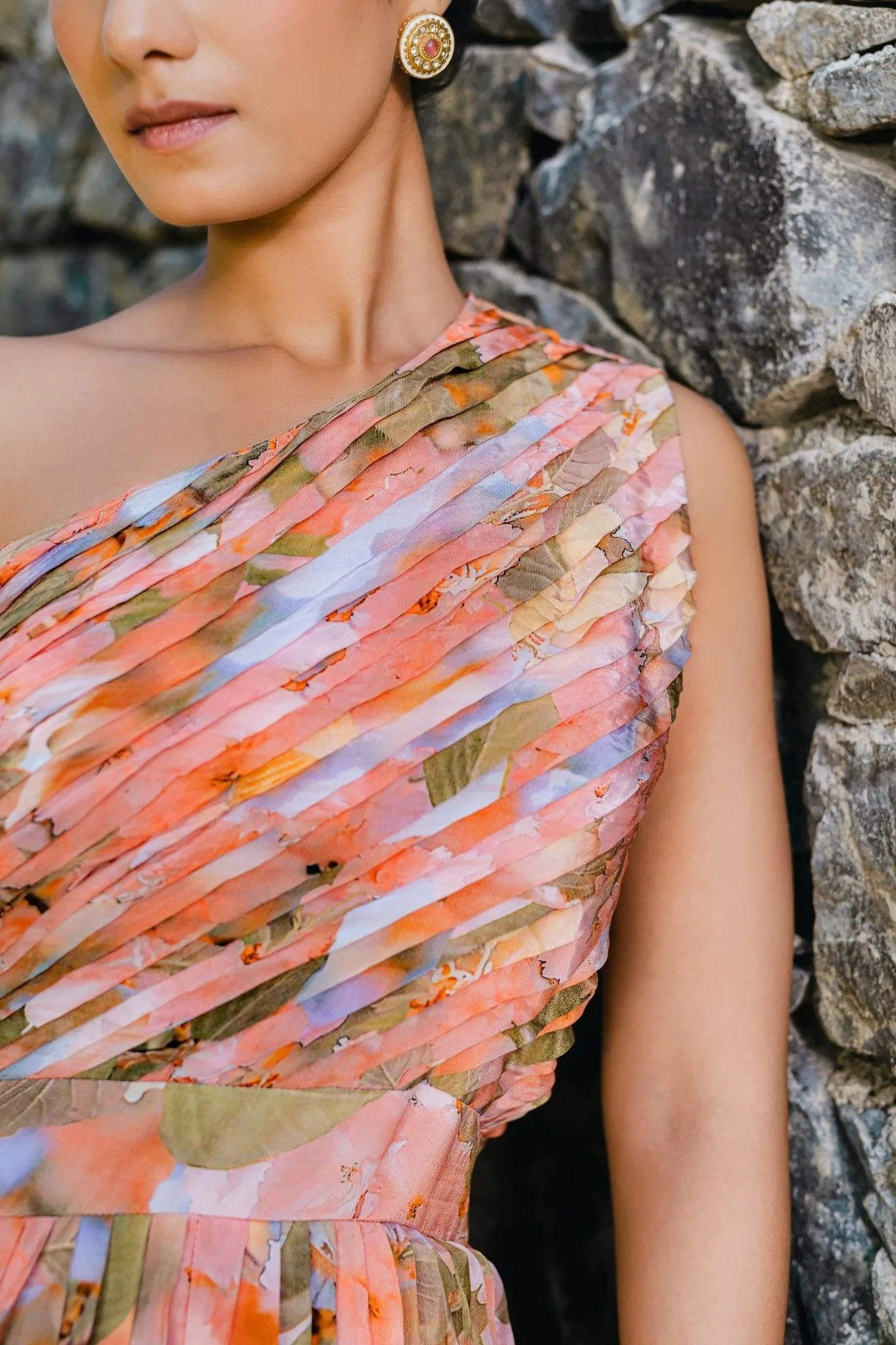 Coral Peach Floral Printed And Pleated Crepe Jumpsuit