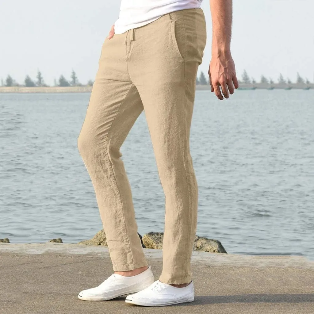Cotton Men's Casual Pants Lightweight Elastic Drawstring Breathable Relaxed Straight Daily Travel Summer Trousers