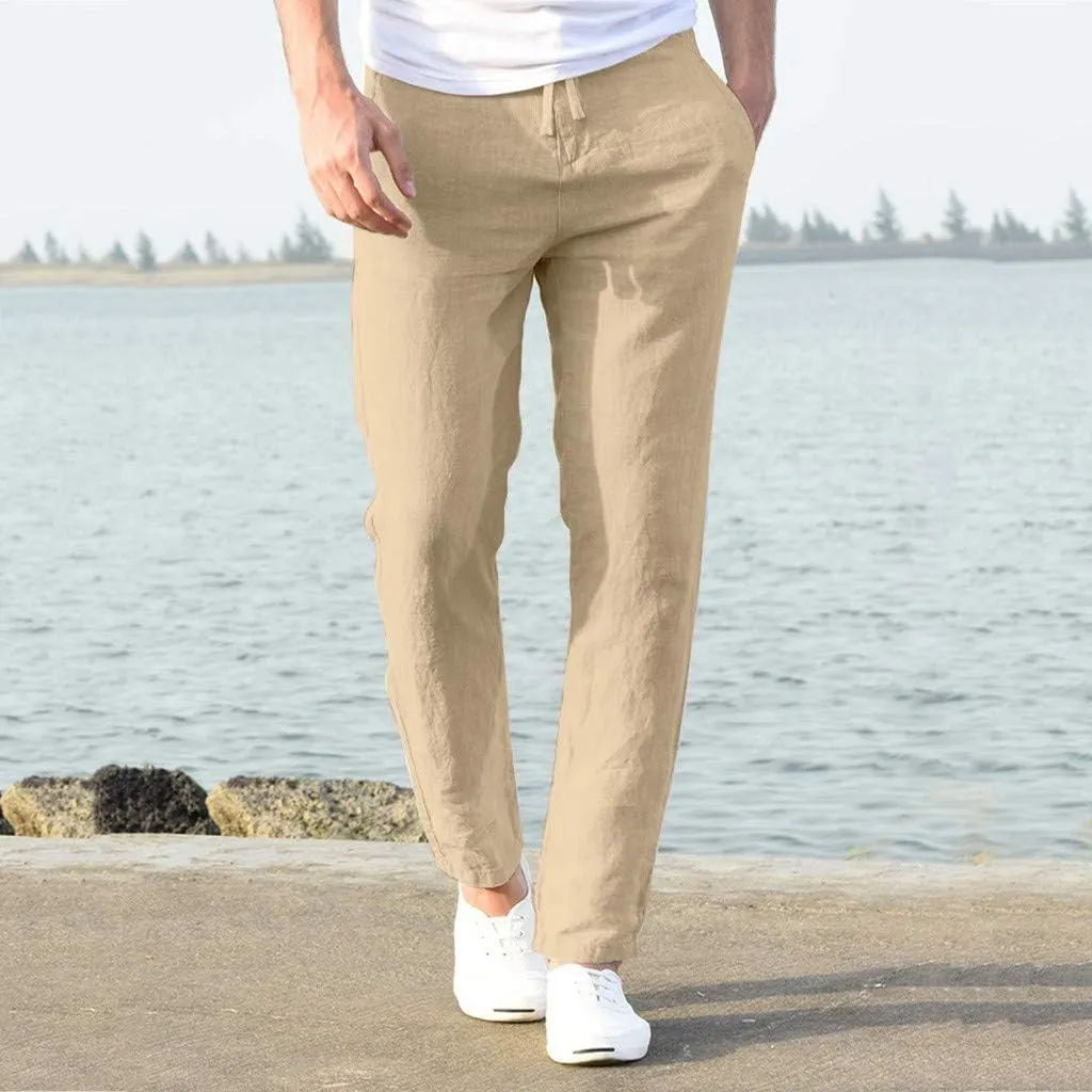 Cotton Men's Casual Pants Lightweight Elastic Drawstring Breathable Relaxed Straight Daily Travel Summer Trousers