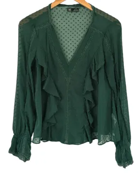 Dark Autumn Pitch Pine Deep-V Ruffle Blouse