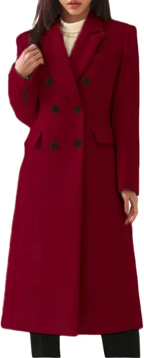 ebossy Womens Notch Lapel Double Breasted Wool Blend Mid Long Pea Coat Winter Casual Overcoat with Pockets