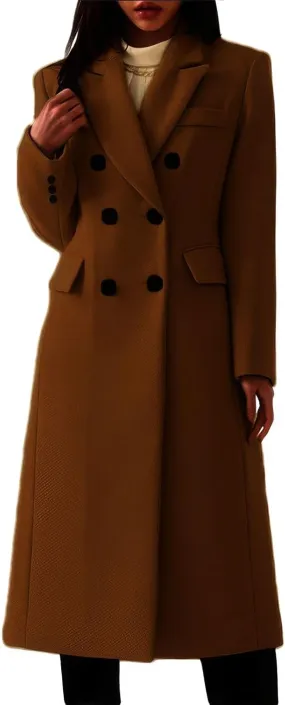 ebossy Womens Notch Lapel Double Breasted Wool Blend Mid Long Pea Coat Winter Casual Overcoat with Pockets