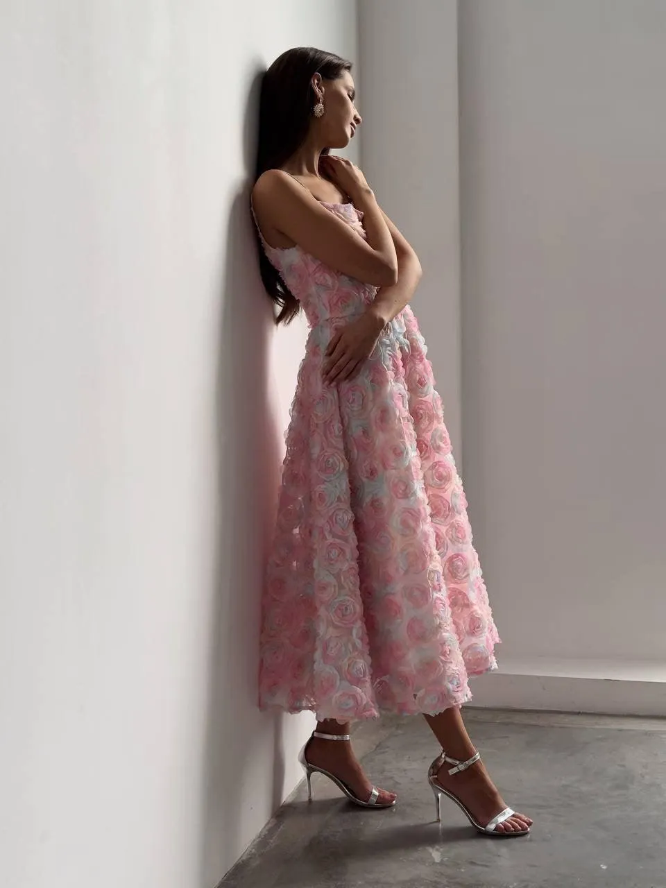 Elegant Floral Midi Pink Dress