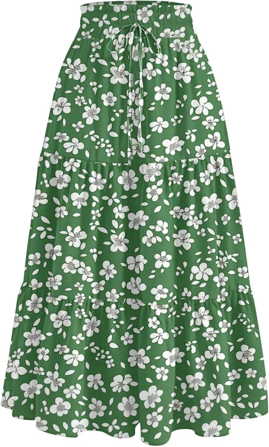 Floral Skirts for Women Midi Length Flutter Beach Flowy Vacation Trendy Festival Casual Peasant Swing Going Out Cute Skirts