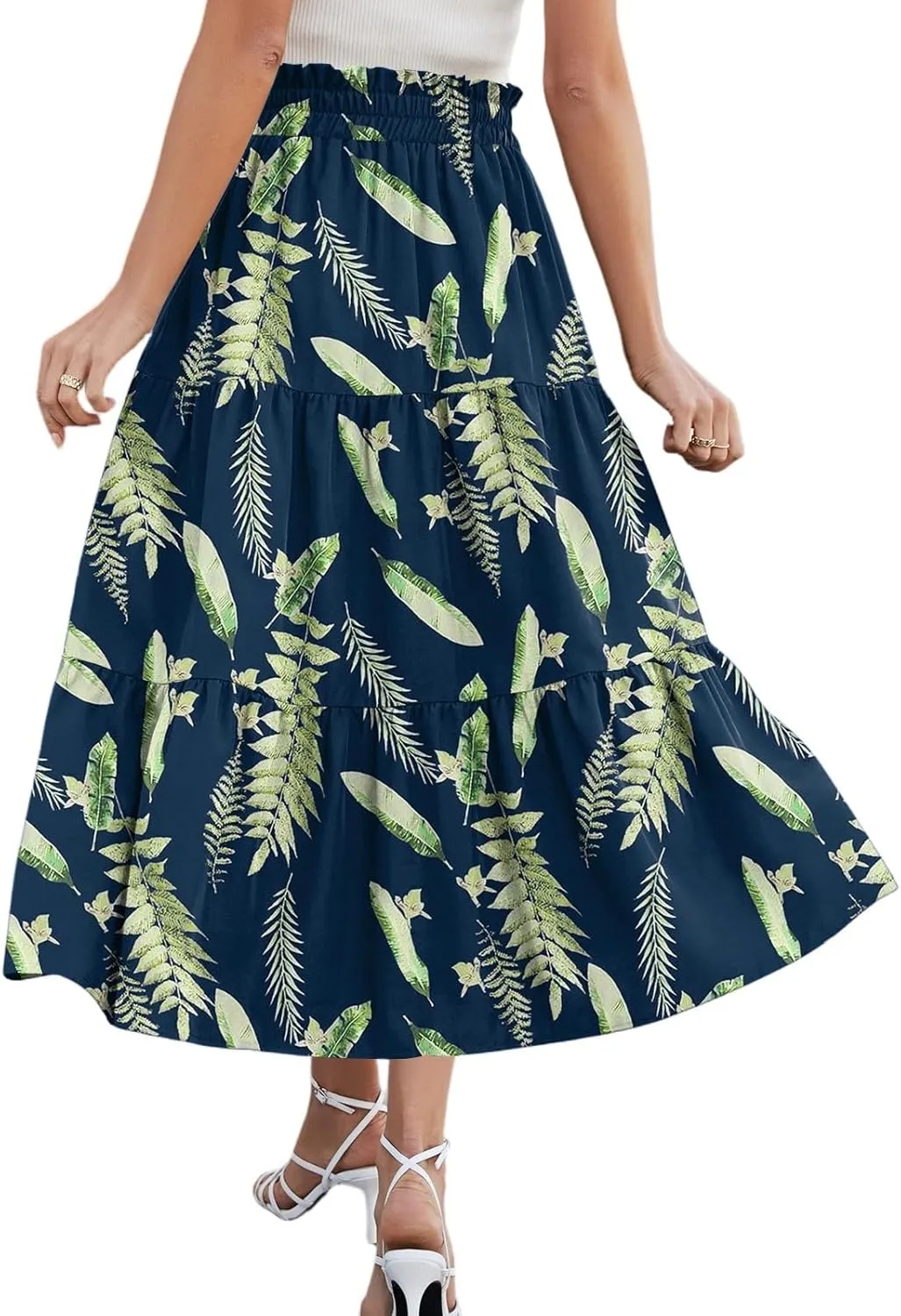 Floral Skirts for Women Midi Length Flutter Beach Flowy Vacation Trendy Festival Casual Peasant Swing Going Out Cute Skirts