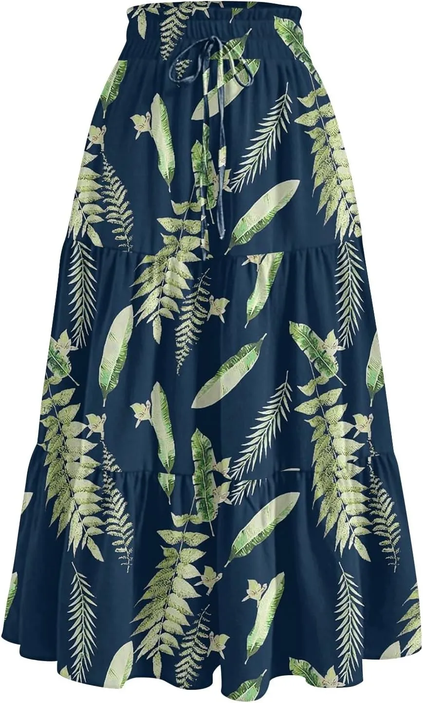 Floral Skirts for Women Midi Length Flutter Beach Flowy Vacation Trendy Festival Casual Peasant Swing Going Out Cute Skirts