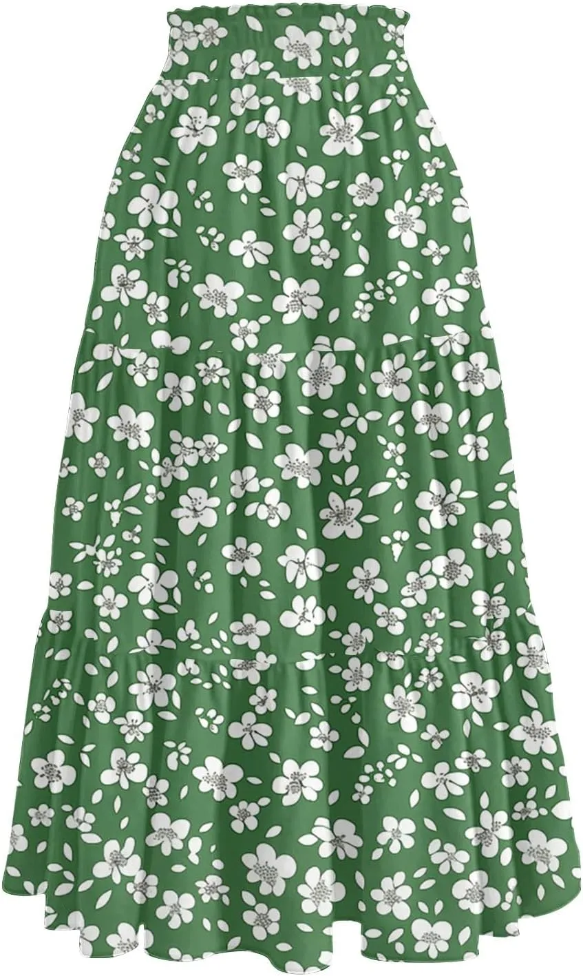 Floral Skirts for Women Midi Length Flutter Beach Flowy Vacation Trendy Festival Casual Peasant Swing Going Out Cute Skirts