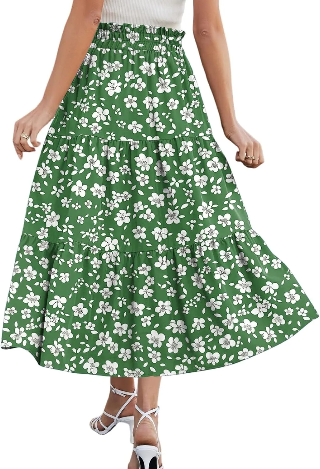 Floral Skirts for Women Midi Length Flutter Beach Flowy Vacation Trendy Festival Casual Peasant Swing Going Out Cute Skirts
