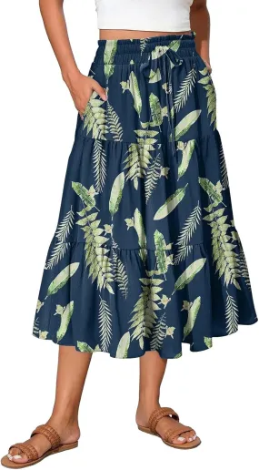 Floral Skirts for Women Midi Length Flutter Beach Flowy Vacation Trendy Festival Casual Peasant Swing Going Out Cute Skirts
