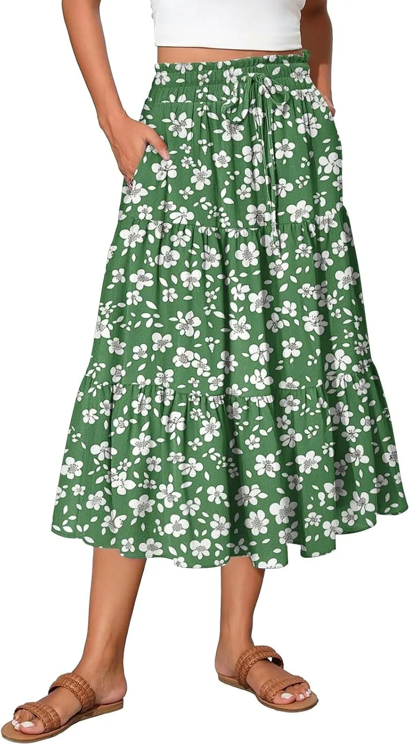 Floral Skirts for Women Midi Length Flutter Beach Flowy Vacation Trendy Festival Casual Peasant Swing Going Out Cute Skirts