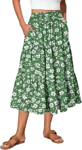 Floral Skirts for Women Midi Length Flutter Beach Flowy Vacation Trendy Festival Casual Peasant Swing Going Out Cute Skirts