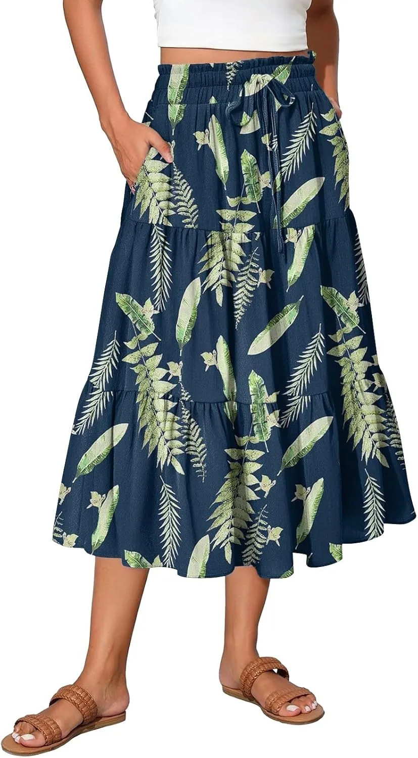 Floral Skirts for Women Midi Length Flutter Beach Flowy Vacation Trendy Festival Casual Peasant Swing Going Out Cute Skirts