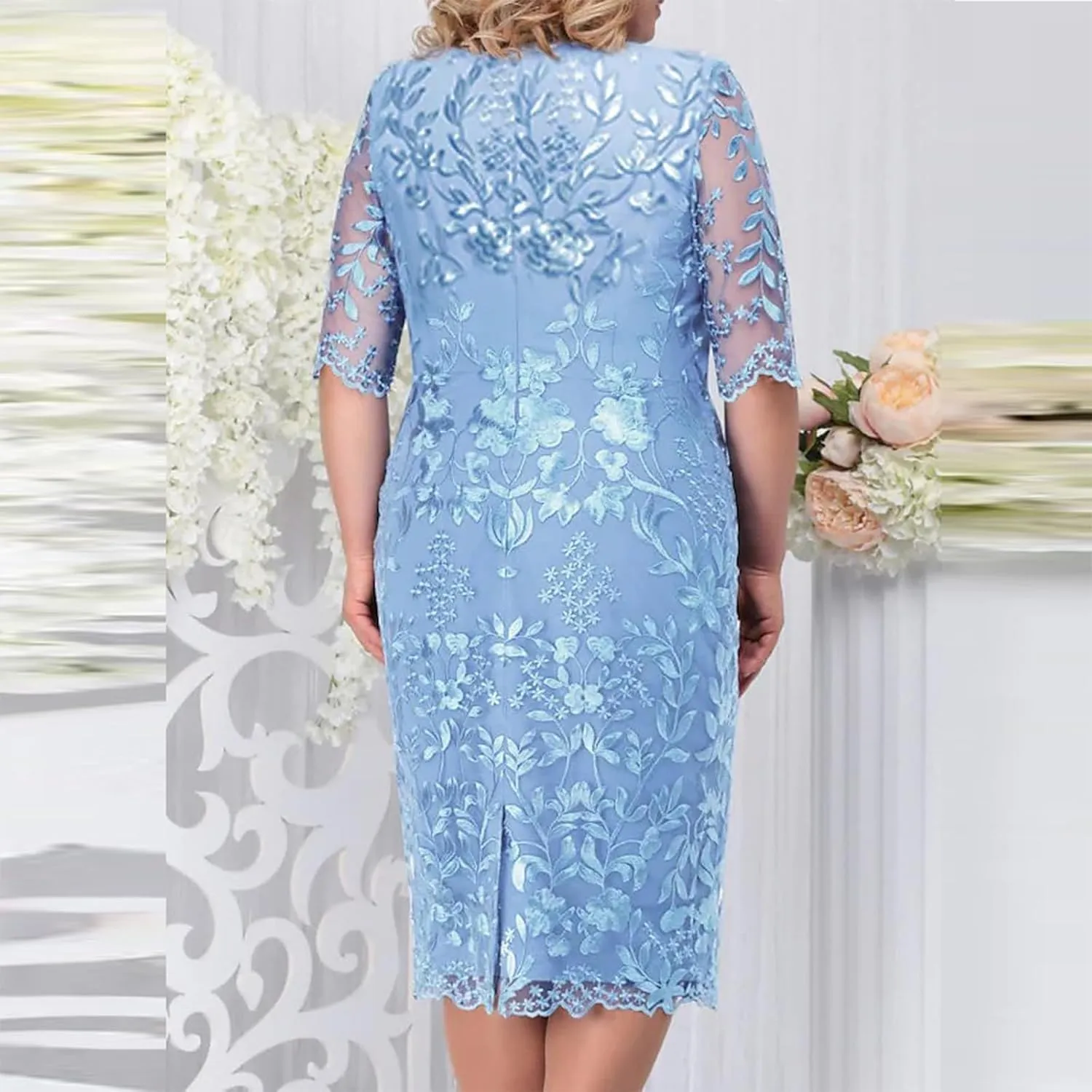 HGps8w Elegant Mother of The Bride Dresses Women's Elegant Knee Length Floral Embroidered Lace Cocktail Party Sheath Dress