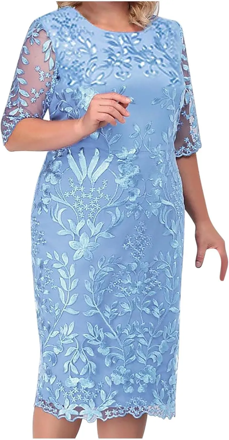 HGps8w Elegant Mother of The Bride Dresses Women's Elegant Knee Length Floral Embroidered Lace Cocktail Party Sheath Dress