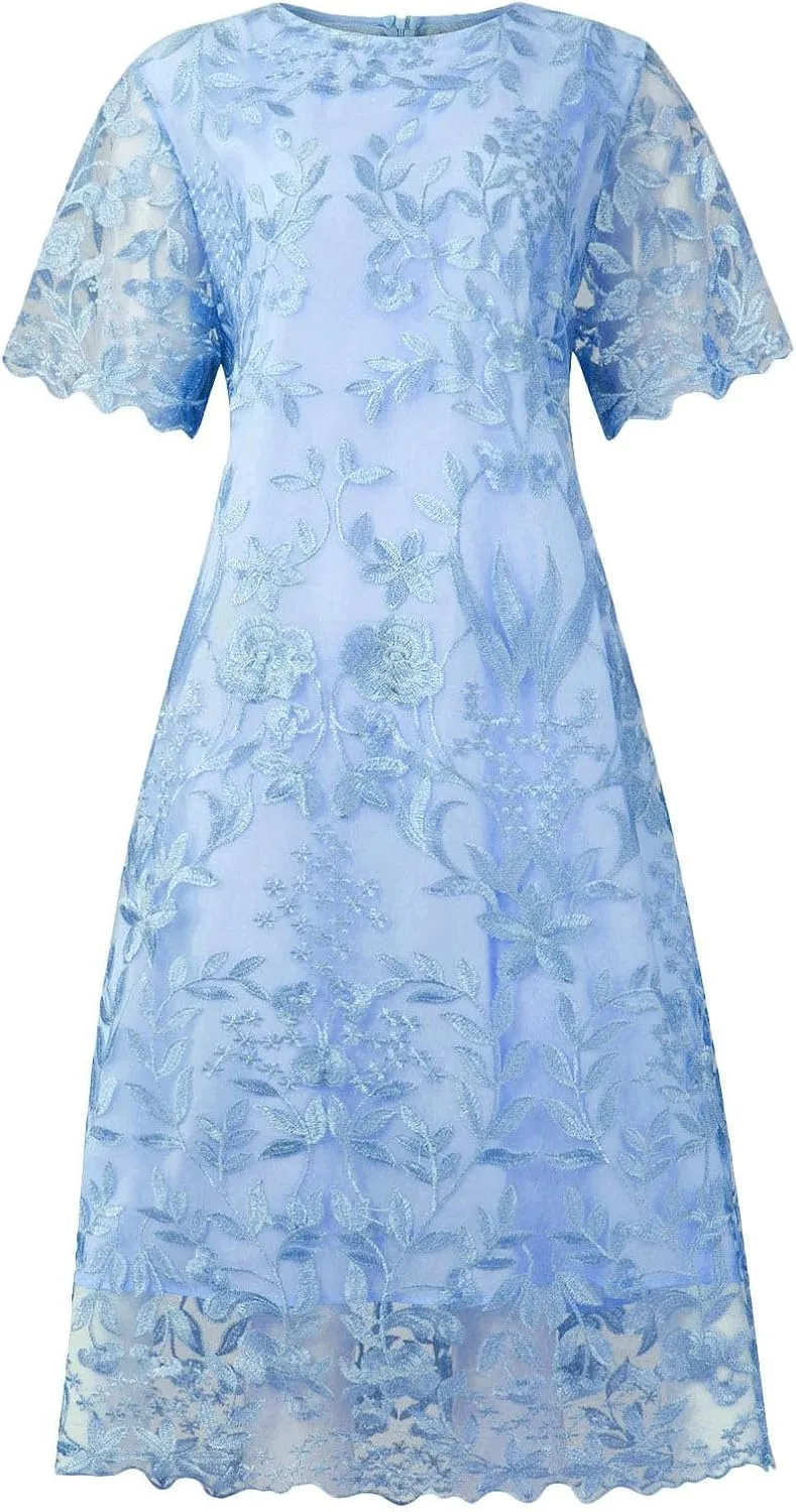 HGps8w Elegant Mother of The Bride Dresses Women's Elegant Knee Length Floral Embroidered Lace Cocktail Party Sheath Dress