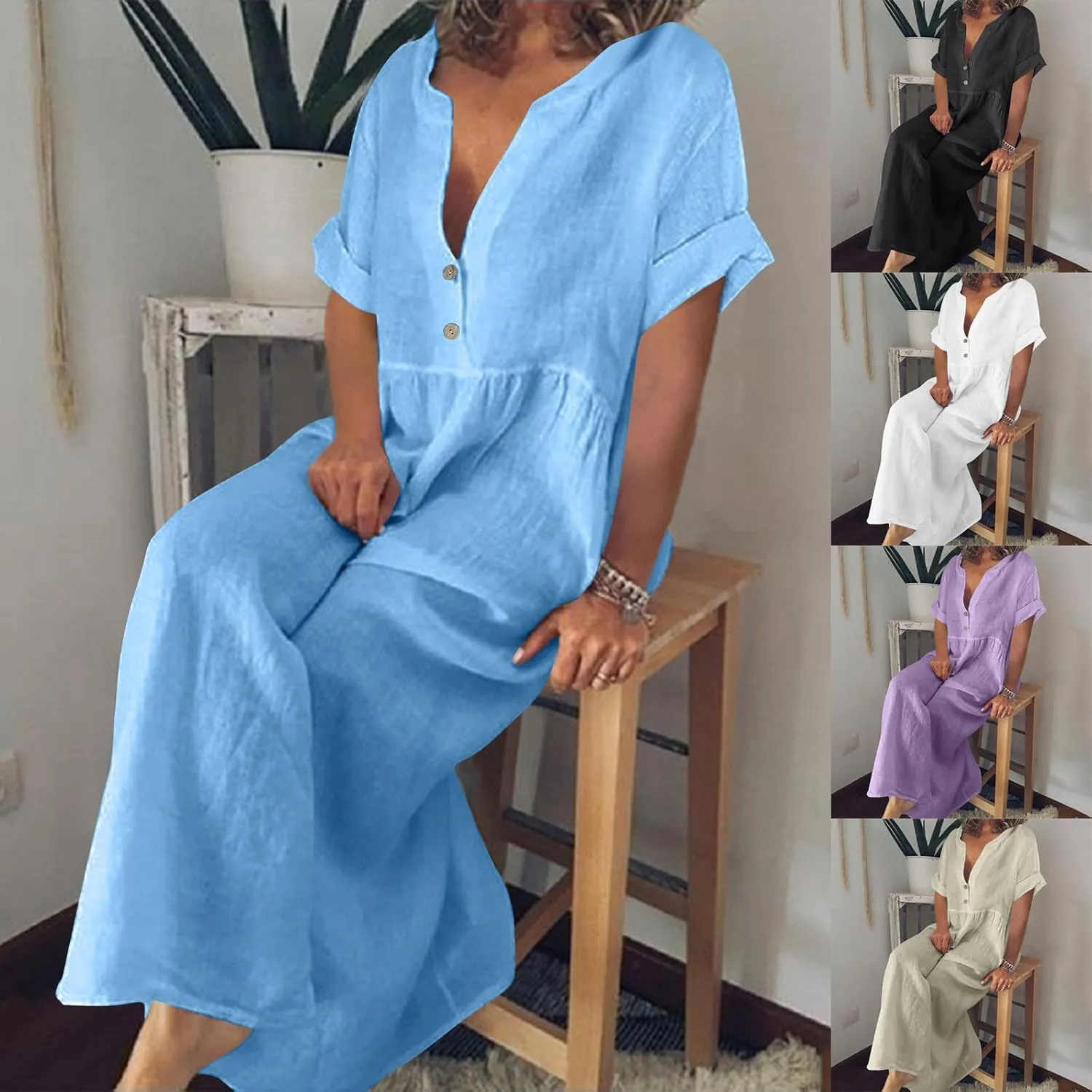 HGps8w Linen Maxi Dress for Women Summer 2025 Casual Short Sleeve Button Front Loose Minimalist Beach Travel Dresses