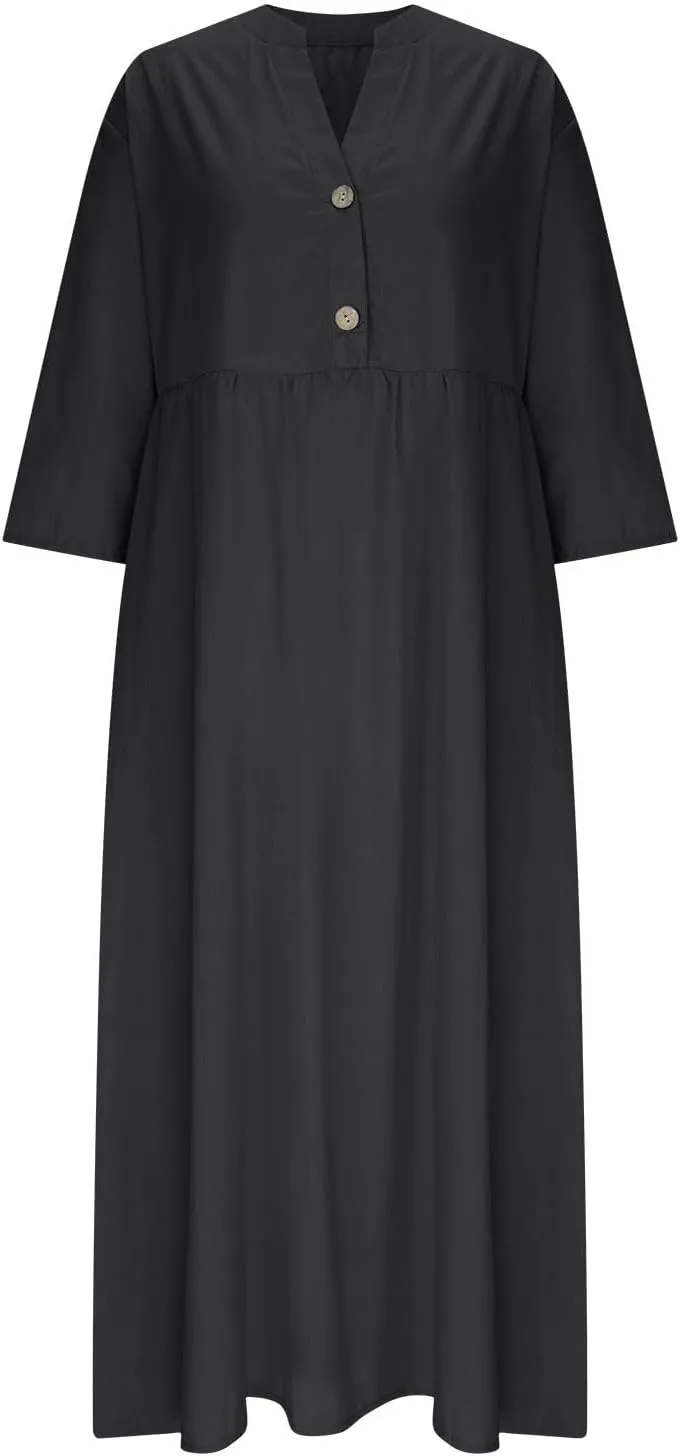 HGps8w Linen Maxi Dress for Women Summer 2025 Casual Short Sleeve Button Front Loose Minimalist Beach Travel Dresses