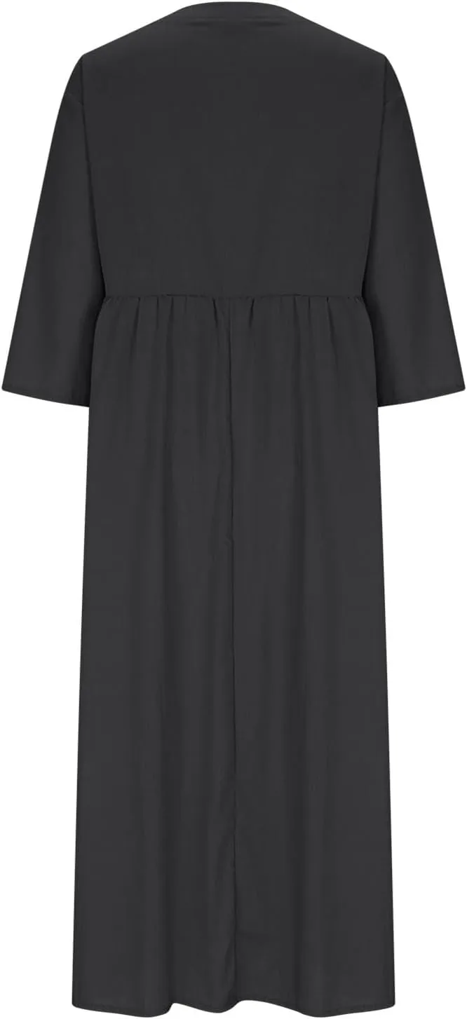 HGps8w Linen Maxi Dress for Women Summer 2025 Casual Short Sleeve Button Front Loose Minimalist Beach Travel Dresses