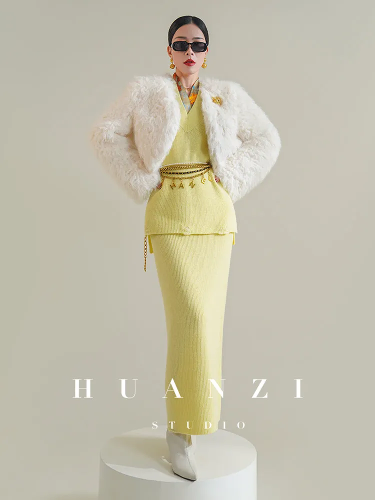 Huanzi custom knitted elegant fashion minimalist lazy V-neck suit fishtail skirt vest cardigan autumn and winter women