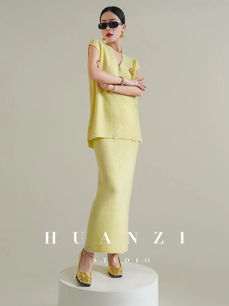 Huanzi custom knitted elegant fashion minimalist lazy V-neck suit fishtail skirt vest cardigan autumn and winter women