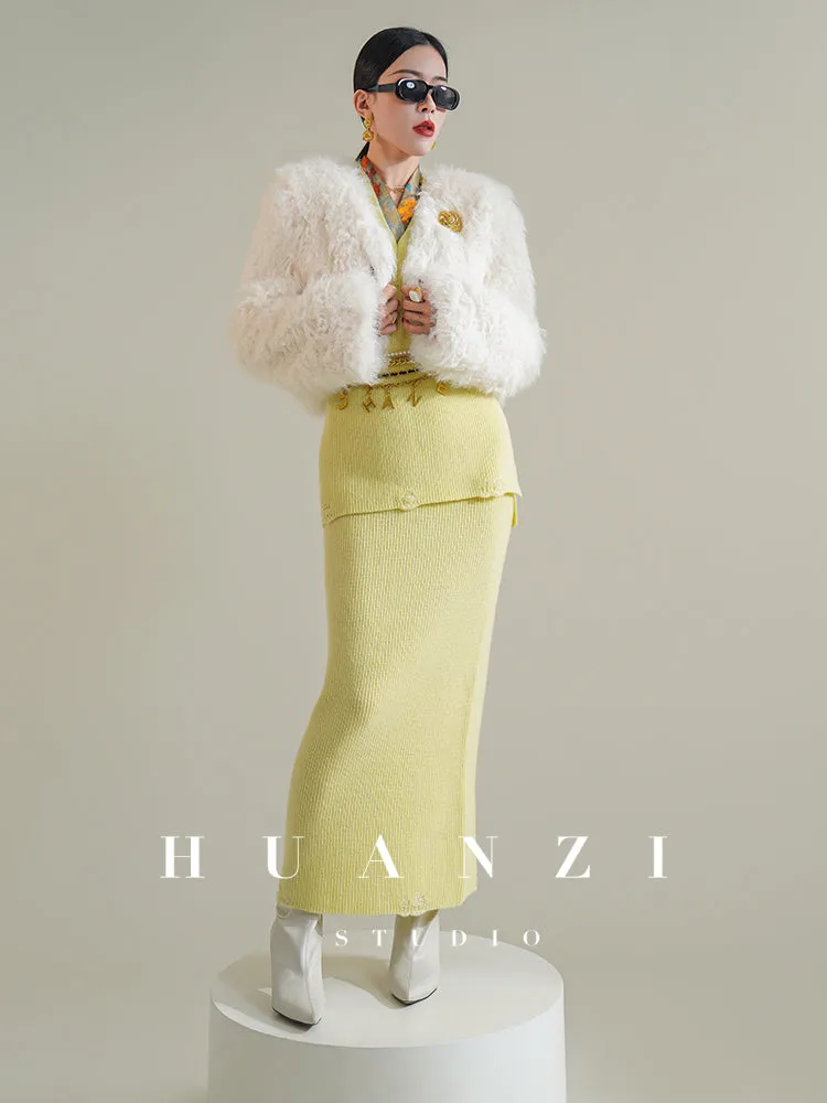 Huanzi custom knitted elegant fashion minimalist lazy V-neck suit fishtail skirt vest cardigan autumn and winter women